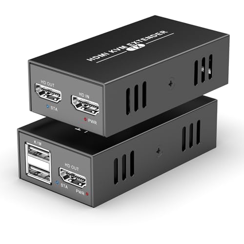 HDMI KVM USB Extender Over Cat 5e/6/7 Cable, 1080P HDMI Ethernet Extender Balun 164ft with Loop Output Function - USB Keyboard Mouse, Single POC Power Supply