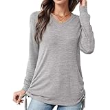 Blouses for Women Plus Size Drawstring Side T Shirt Ruched Long Sleeve V-Neck Top with Side Shirring Plain Color Plus Size Tunic Tops Light Grey 2X