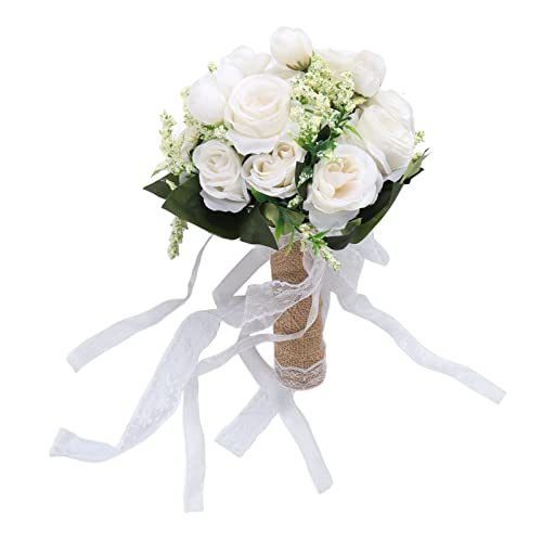 Cyrank Grandes Fleurs artificielles Fausses Roses Bouquet de mariée pour Bricolage Mariage Blanc/Champagne Douche Nuptiale centres de Table Arrangements décorations de Tables de fête(Blanc)