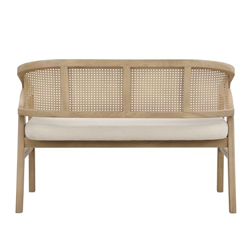 Merax 46.25" Curved Cane Upholstered Loveseat, Handwoven Rattan Back with Solid Wood Frame, Mid-Century Modern 2-Seater Sofa, Light Ash+Beige by Merax - Used condition - Image 5