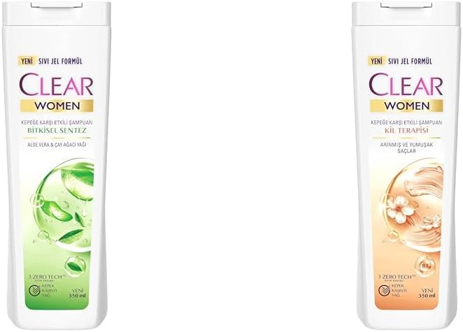 Clear Women Kepeğe Karşı Etkili Şampuan Bitkisel Sentez Aloe Vera & Çay Ağacı Yağı 350 ml(2) Clear Women Kil Terapisi Arınmış ve Yumuşak Saçlar Kepeğe Karşı Etkili Şampuan 350 ml(1)