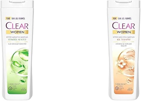 Clear Women Kepeğe Karşı Etkili Şampuan Bitkisel Sentez Aloe Vera & Çay Ağacı Yağı 350 ml(2) Clear Women Kil Terapisi Arınmış ve Yumuşak Saçlar Kepeğe Karşı Etkili Şampuan 350 ml(1)