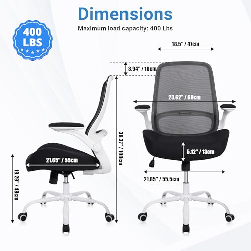 Image of HYLONE Office Chair Ergonomic Chair with Flip up Armrests, 5 inch Thickened Seat Computer Chair with Breathable Mesh Back Home Office Computer Chairs for Long Hours Mesh Office Chair(White Base&Black)