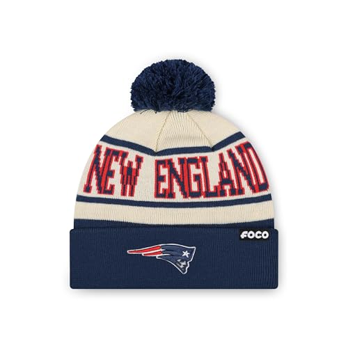 FOCO New England Patriots NFL Primary Team Logo Heritage Stripe Pom Beanie Hat, Cream