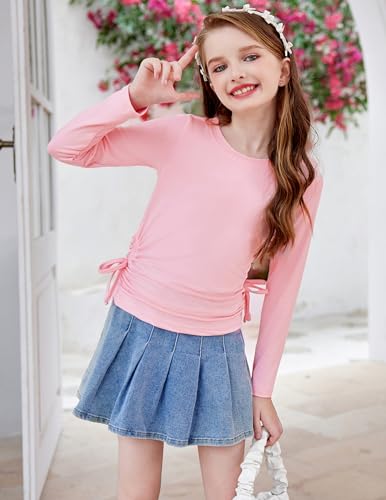 Image of Arshiner Girls Long Sleeve Shirts Ruched Knot Side Tunic Blouse Tee Tops