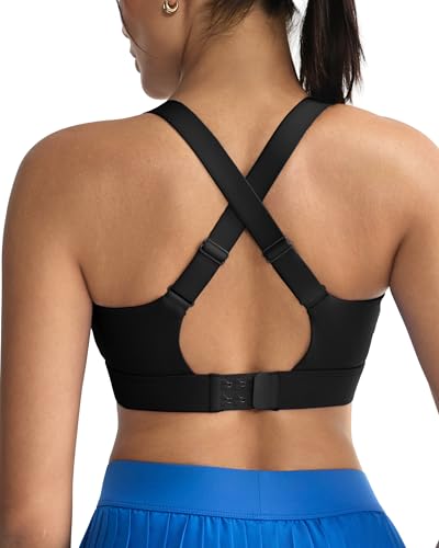 RUNNING GIRL Sports Bras for Women High Support, Adjustable Straps Hook Back Sports Bras for Women with Sewn in Pads_WX3125_Black_M