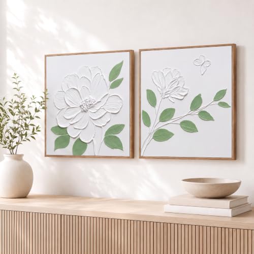 Artiluxy Textured Floral Wall Art Set of 2, 16x16 White Botanical