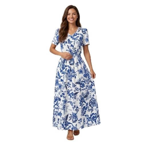 Image of Shineflow Women's Short Sleeve V-Neck 3 /4 Sleeve Button Up Chiffon Floral Pleated Midi Swing Dress with Belt