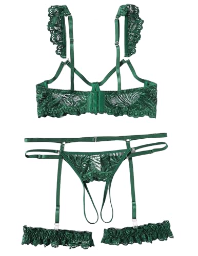 Avidlove Sexy Lingerie for Women Underwire Floral Lace Bra and Panty Garter Lingerie Sets S-XXL Lake Green