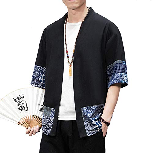 Image of PRIJOUHE Men's Kimono Jackets Cardigan Lightweight Casual Cotton Blends Linen Seven Sleeves Open Front Coat Outwear
