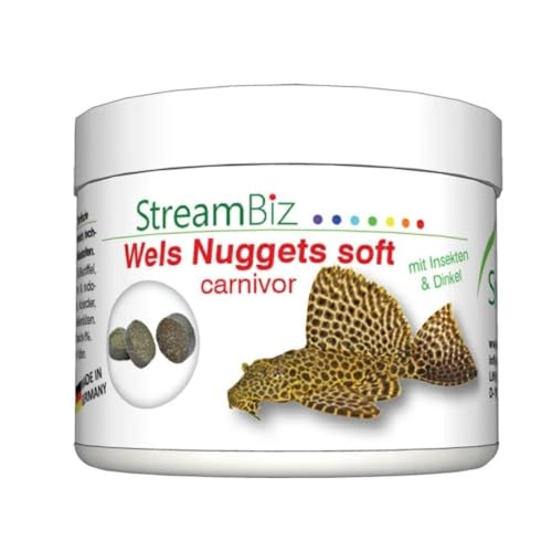 StreamBiz Wels Nuggets Soft carnivor 90 g für tropische Zierfische, Harnischwelse, schnell sinkend, weich, hochenergetisch, reich an Ballaststoffen, Ingwer, Kakao, 90 g