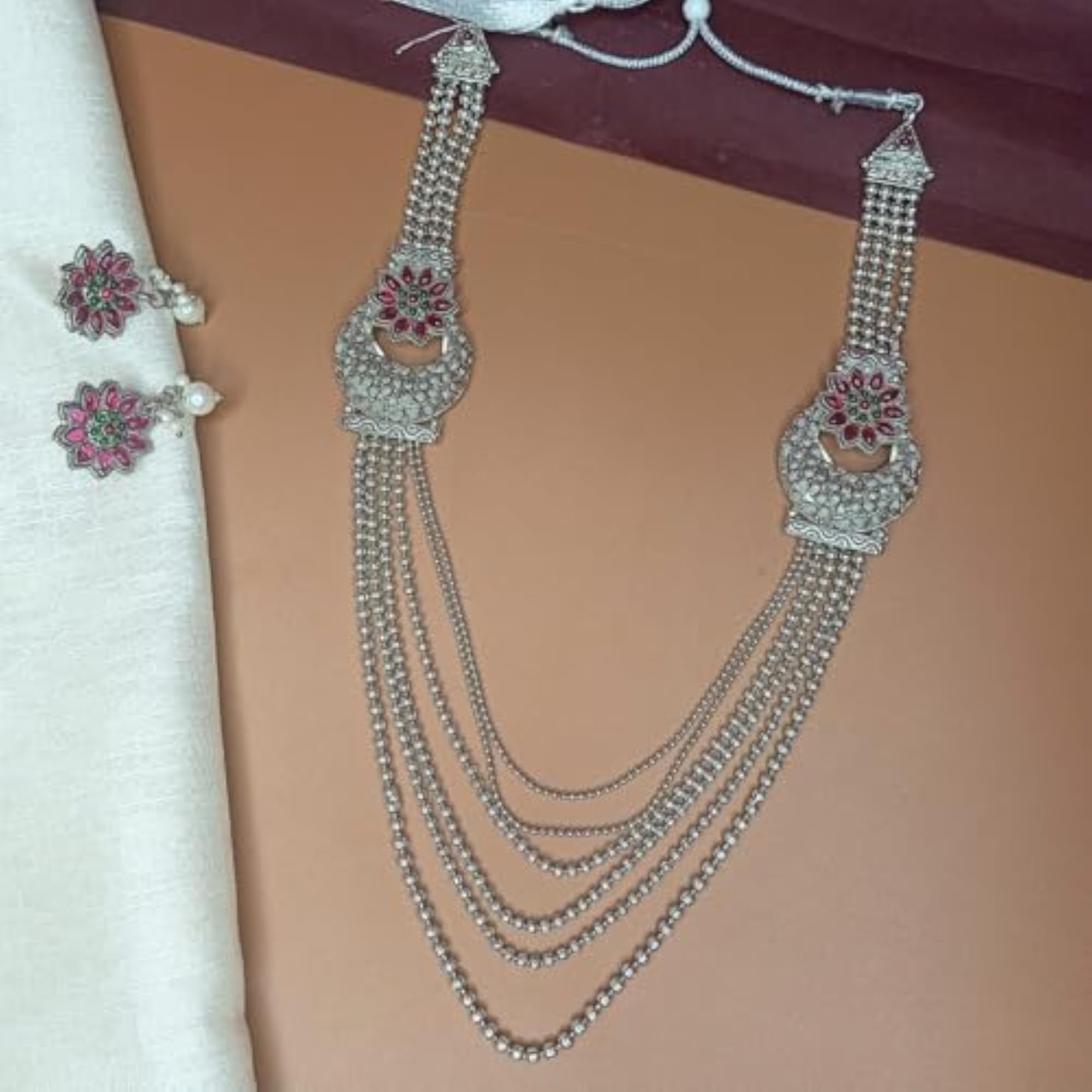 Oxidised Silver Layered Necklace Set with Earrings