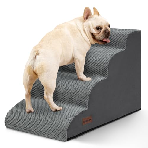 Image of Aodisman Dog Steps for Bed or Couch,4 Step Pet Stairs for Small Dogs & Cat | Curved dog ramp help small dogs, senior cats and puppies get on and off couches and beds, non-slip bottom, 17.4 inch H,Gery