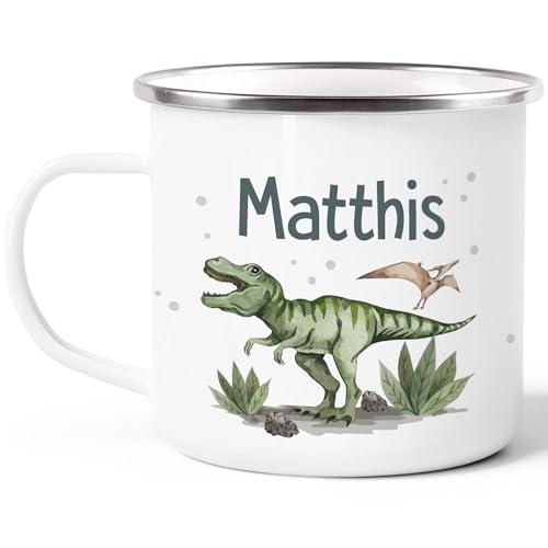SpecialMe® Kinder-Tasse Emaille Dino mit Namen personalisiert Dinosaurier T-Rex Namenstasse individuelle Geschenke Emaille-weiss-silber… – Ansicht 2