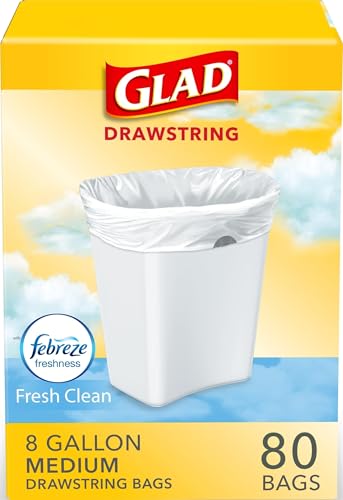 Image of Glad Medium Drawstring Trash Bags, Rip and Tear Resistant, Fresh Clean Scented Garbage Bags, Odor Control, Febreze Freshness, 8 Gallon Trash Bags, 80 Count