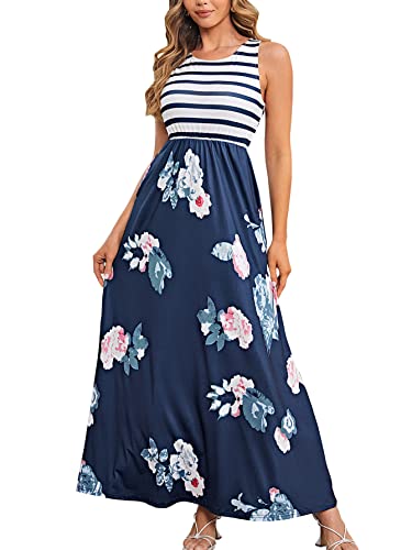 Simplee Women’s 2023 Summer Striped Floral Maxi Dresses Sleeveless Casual Loose Maxi Dress for Women Tank Top Patchwork Long Dress with Pockets