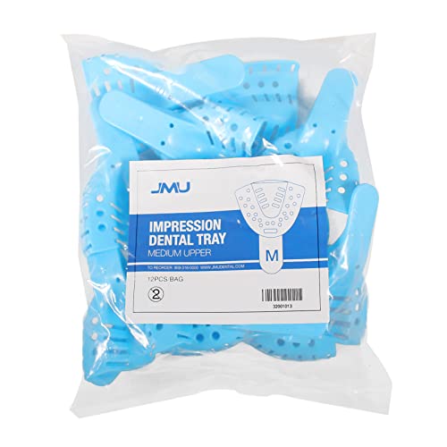 Image of JMU Dental Impression Trays, 3 Medium Upper, Autoclavable, 120 Pcs | Perforated Disposable Impression Trays, Plastic, 10 Bags, Blue