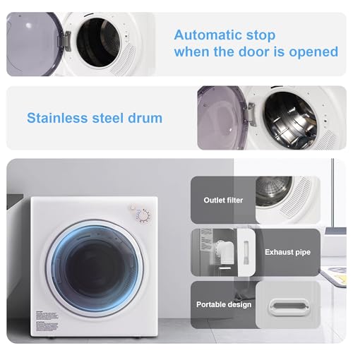 Image of Elevon 1500W Portable Clothes Dryer, 3.5 cu.ft Electric Drying Machine for Laundry with Steel Tub for Apartment, Dorms, Compact Dryer for Small Space, Black /White