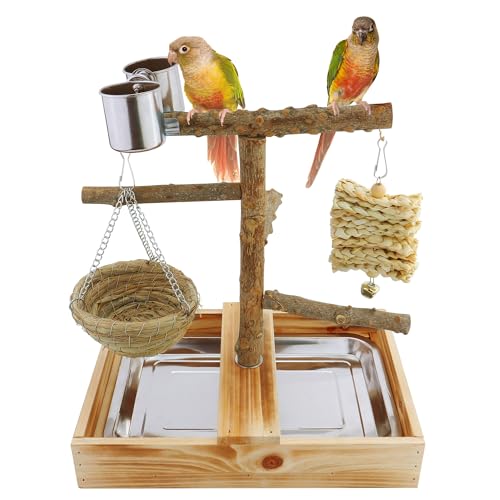 Mogoko Natural Bird Playground Bird Perches, Bird Cage Accessories, Bird Toys Playground, Bird Perch Stand Parrot Stand, Includes 2 Stainless Steel Cups and Removable Tray