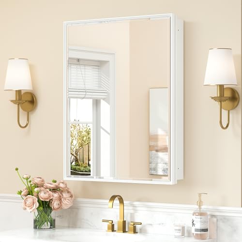 Image of Keonjinn 24 inch x 30 inch White Bathroom Medicine Cabinets with Mirror, Aluminum
