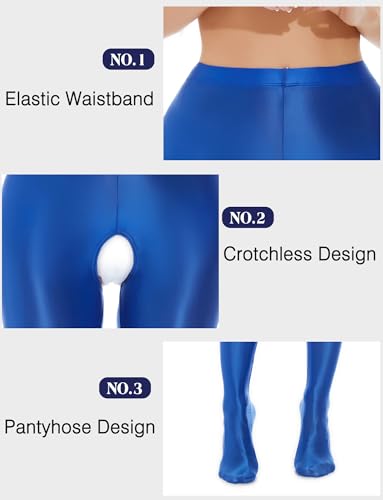 Image of FEOYA Women's Open Crotch Oil Shiny Pantyhose High Waist Control Top Silky Oily Crotchless Footed Tights Stockings