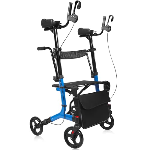 Sunderwell Upright Walker for Seniors & Adults with Seat 450 lb Capacity, Stand Up Walkers Foldable, 19.8 lbs Lightweight, Adjustable Arms, 10-Inch Big Wheels for All Terrain Rollator Walker (Blue02)