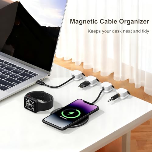 Image of 10 Pack Magnetic Cable Clips, [No-Residue] Adhesive Cable Holder, Wire Organizer Keeper for Nightstand, Desk, Home or Office (White)