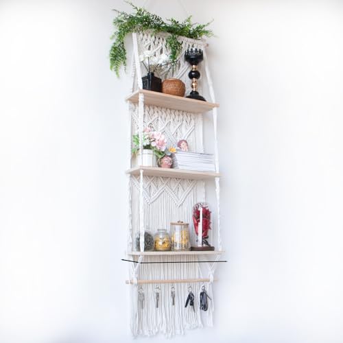 TENEWEE Boho Macrame Wall Hanging Shelf 3 Tier Wood Floating