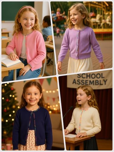 Girls Knit Cardigan – Soft Lightweight Sweater with Rainbow Trim for School or Layering4