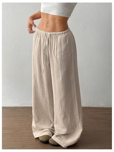 Women's Linen Summer Pants Drawstring Waist Baggy Pant Straight Wide Leg Beach Trousers4