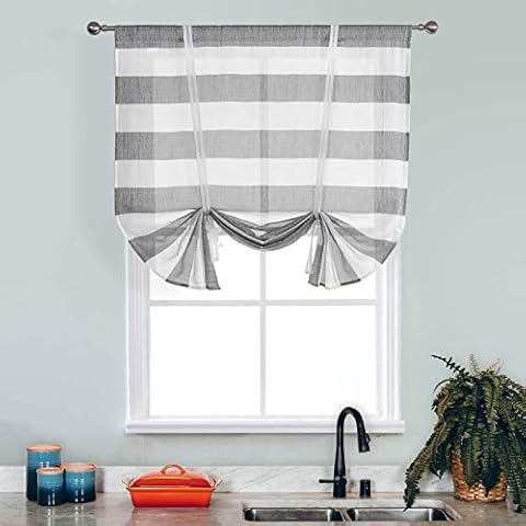WUBODTI Tie up Kitchen Curtains Grey and White Striped Roman Shades for Windows, Gray Bathroom Window Curtain Semi Sheer Balloon Valances, Modern Short Curtain for Small Window Farmhouse,47 Inches Cover