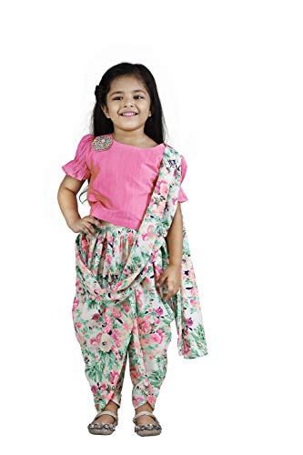 Image of LILPICKS Girls' Georgette Printed Puff Sleeves Top Dhoti Saree Set
