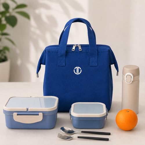 Image of THICKET Insulated Lunch Bag for Women & Men | Premium Fabric with Easy-Clean Alumnium Foil Lining, Dual Zippers & Bottle Strap | Lunch Bag for Office, Work, Travel & Picnic (Royal Blue)