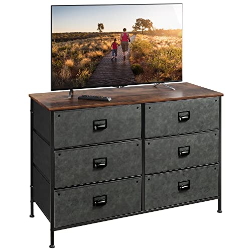 WLIVE Wide Dresser with 6 Drawers, Industrial TV Stand, Entertainment Center with Metal Frame, Wooden Top, Fabric Storage Dresser for Bedroom, Hallway, Entryway, Black