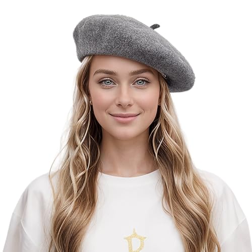 Lanzom Wool Blend Women Beret Hat French Beret Cap Winter Fashion Solid Color Hat for Women Girls Lady (US, Alpha, Medium, Large, Light Grey)