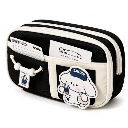 Image of WORSHIPER Cute Cartoon Double Zipper Pencil Pouch for Girls & Boys - Large Capacity School Stationery Organizer with Front Pocket, Waterproof Fabric Pen Case for Students (Black)