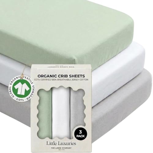 100% Organic Jersey Cotton Crib Sheets (3-Pack) – GOTS Certified Soft & Breathable Crib Sheets for Boys and Girls, 9" Deep Pocket & Full Elastic Snug Fit, 28" x 52" Standard Size