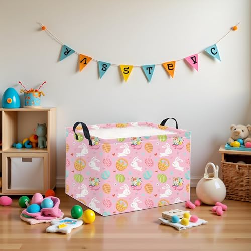 Image of Rectangular Easter Basket for Home Kitchen Baby Girls Basket Cute Storage Bin Organizer Shelf Book Room Decor(Pink Bunny Egg)