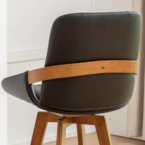 Image of Bar Stools Set of 6, 29.5 Inch Mid Century Modern Retro Swivel Bar Stools, Faux Leather Upholstered and Walnut Wood Frame for Bar /Pub /Island (Black, 29.5 inch-6 PCS)