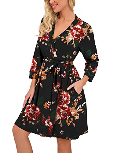 Prinstory Women Kimono Robes Short Lightweight Robe Soft Knit Sleepwear Casual Knit Bathrobe Ladies Loungewear Fp-Brown Black-Medium #TOP1