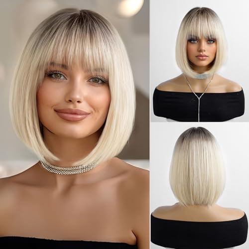 Esmee Short Straight Ombre Blonde Natural Bob Wigs With Bangs Shoulder Length Wig Synthetic Cosplay Wigs for Women