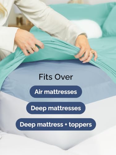 Image of Extra Deep Pocket Twin XL Size Sheet Set - Breathable & Cooling - Spa Blue
