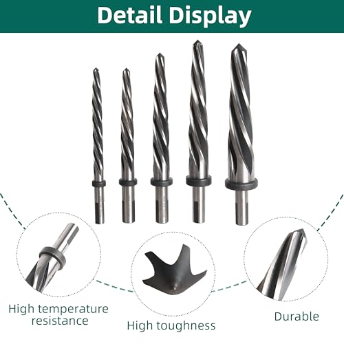 5PCS M2 HSS Taper Chucking Reamer Set 3/8",1/2",5/8",3/4",1 Fit 1/2" Round Shank Construction Reamer Drill Bit Bridge Also for Wood Alloy Steel Metal Align The existing Hole and Expand The Reamer