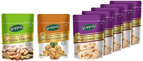 Image of Happilo 100% Natural Premium Californian Almonds,Dried,200g & Premium 100% Natural Californian Walnut Kernels,Dried,200g & Premium 100% Natural Whole Cashews, 200g (Pack of 5)