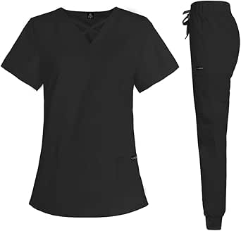 VIAOLI Scrubs for Women Set Modern V-Neck Top & 8 Pocket Jogger Pants Athletic Nursing Uniform Solid Stretch Workwear