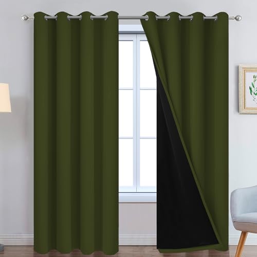 Yakamok Green 100% Blackout Curtains, Total Blackout Lined Curtain Panels for Bedroom, 2 Thick Layers Grommet Top Thermal Insulated Blackout Drapes for Living Room(52Wx96L, Olive Green, 2 Panels) by Yakamok - Used condition - US$28.36