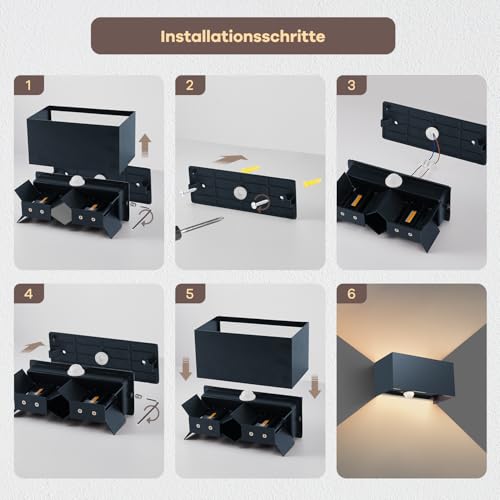 vatato 24W Außenwandleuchte mit Bewegungsmelder, IP65,3000K Warmweiß LED Wandleuchte Außen/Innen Aluminium… – Ansicht 6