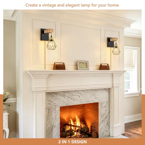 Image of Lomoky Rustic Plug in Wall Sconces Set of 2, Black Wall Lamps with Plug in Cord, Vintage Wall Light Fixtures with On /Off Switch and Gold Metal Cage for Living Room, Bedroom, Bedside