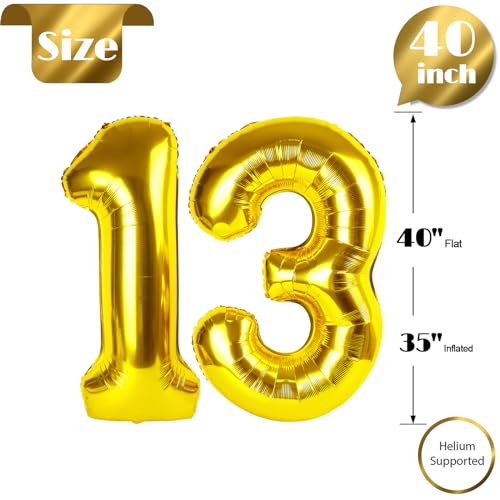 Image of Gold Number 13 Balloon 40 inch, 13 Number Balloons, 13th Gold Birthday Decorations, 13 Year Old Golden Party Supplies