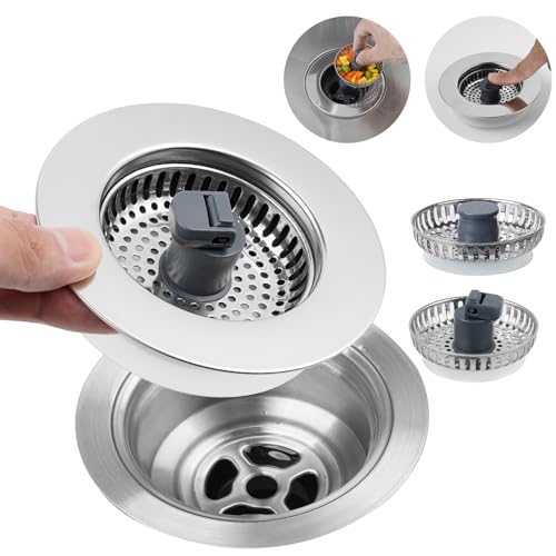 Hibbent 3 in 1 Kitchen Sink Drain Strainer, Stainless Steel Wrapped Shell Drain Stopper Combo, Pop Up Sink Stopper, 3 SUS304 Anti-Clogging Basket Strainer with Handle for US Standard 3-1/2